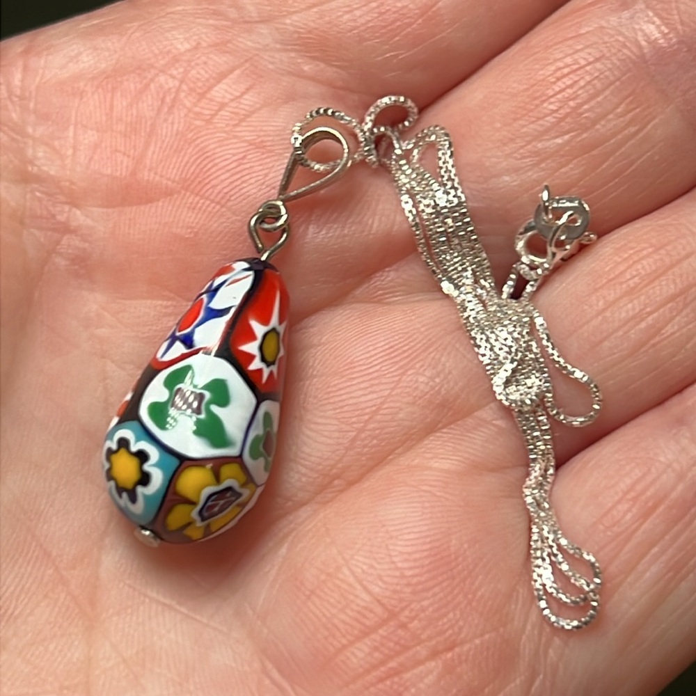 VTG Murano Colorful Millefiori Glass Teardrop Sterling Silver Pendant Necklace - Picture 4 of 5